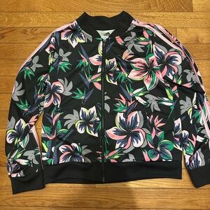 adidas Black Floral Track Jacket with Pink & Green Accents